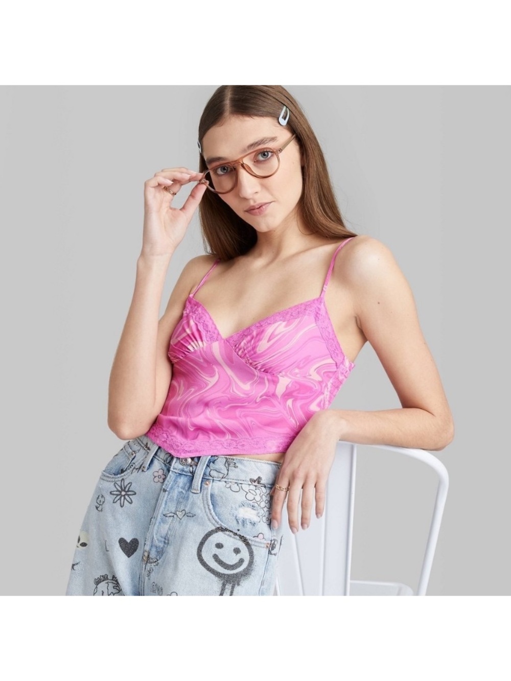 Wild Fable Pink Swirled Lace-Trim Camisole Crop